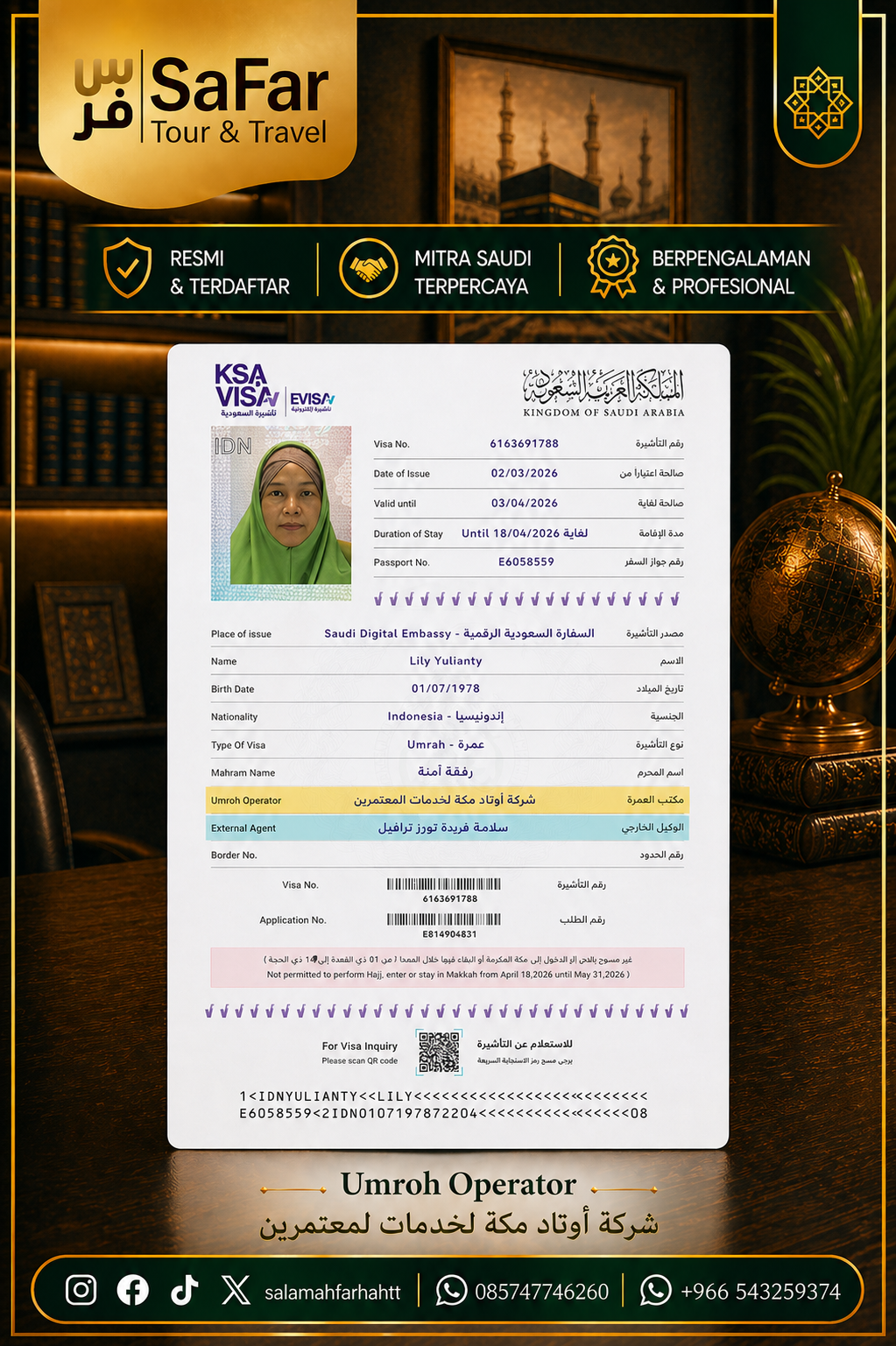 Sertifikat mitra Saudi terpercaya — Salamah Farhah Tour Travel partner resmi penyelenggara umroh