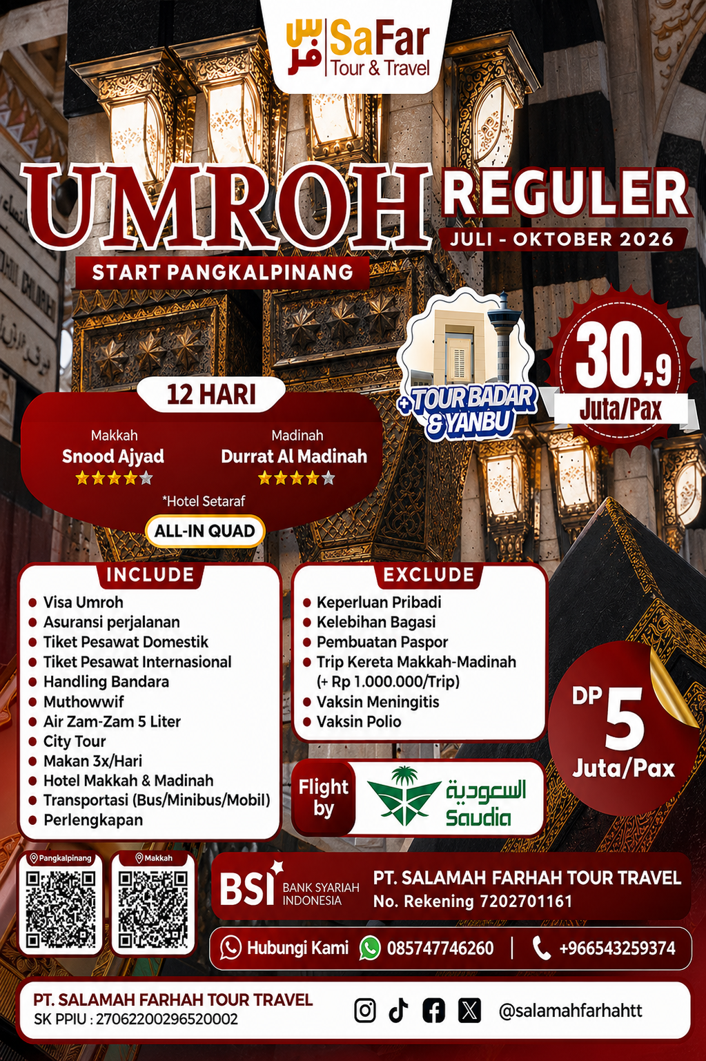 Paket Umroh Reguler 12 hari Pangkalpinang — hotel dekat Masjidil Haram & Nabawi