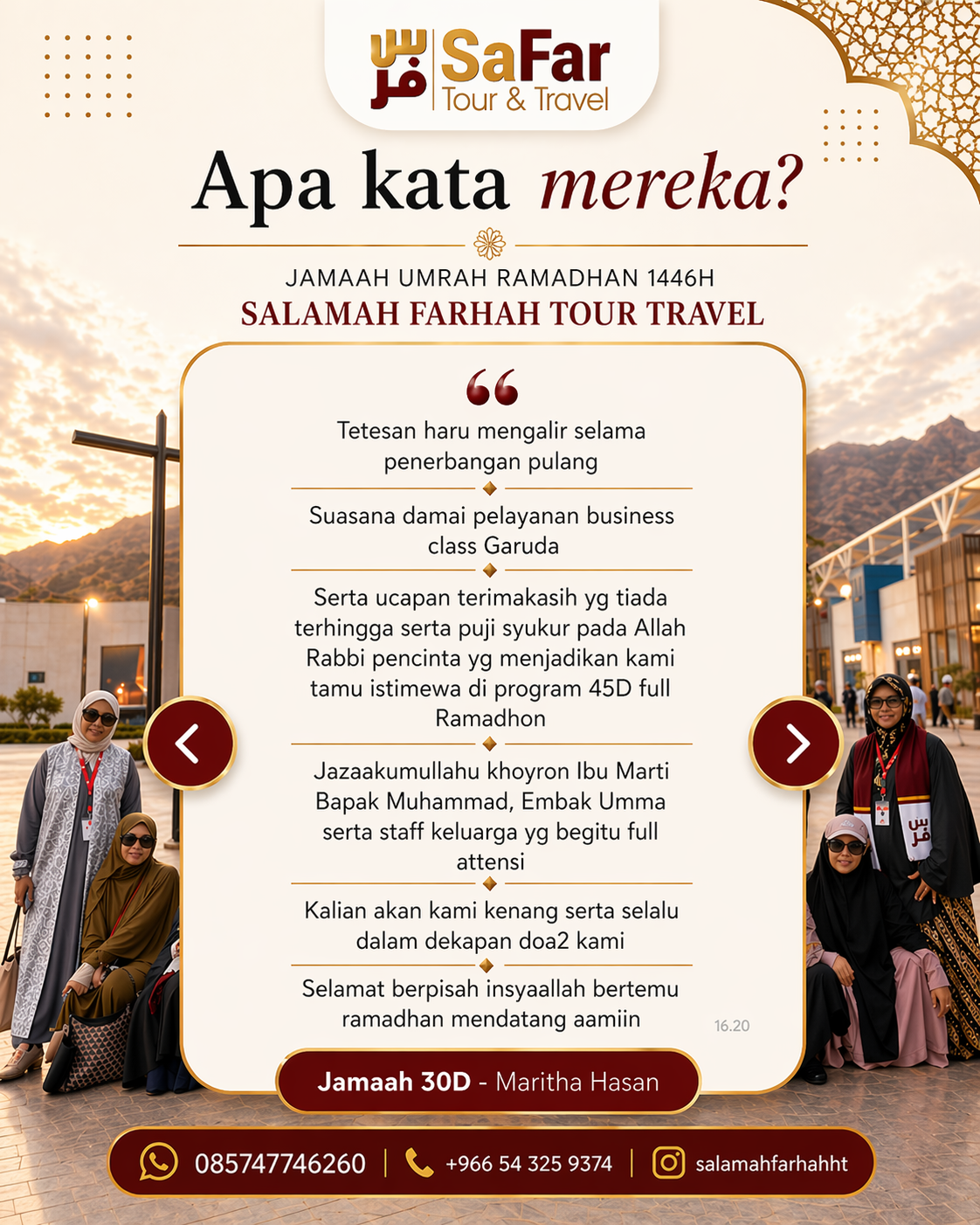 Testimoni jamaah umroh Salamah Farhah Tour Travel — pengalaman ibadah berkesan 1